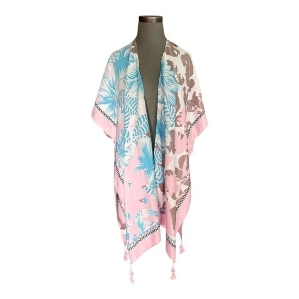 Womens Swimsuit Cover Up Blue Pink Floral Hawaiian Fringe Open Front Tunic OS VG